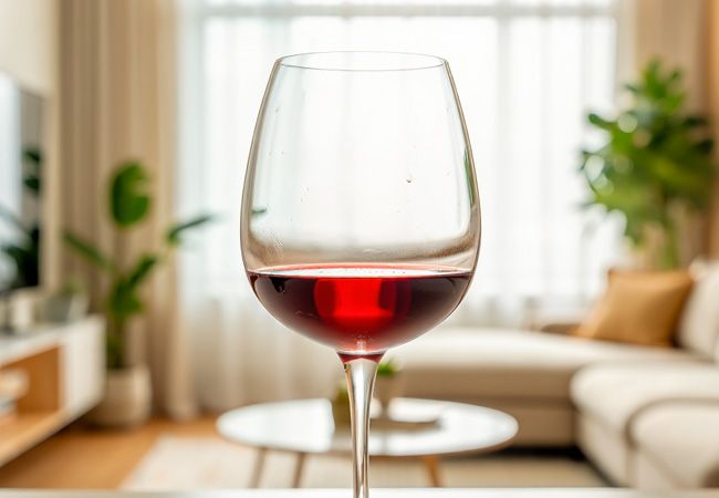 Бокал с небольшим количеством красного вина стоит на белой мраморной столешнице в светлой гостиной